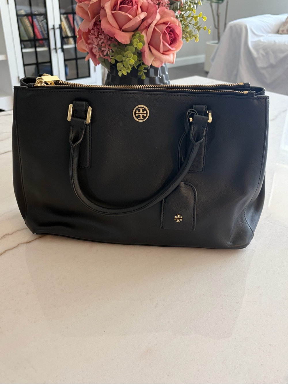 Tory Burch Black Leather Tote with Gold Hardware Accents